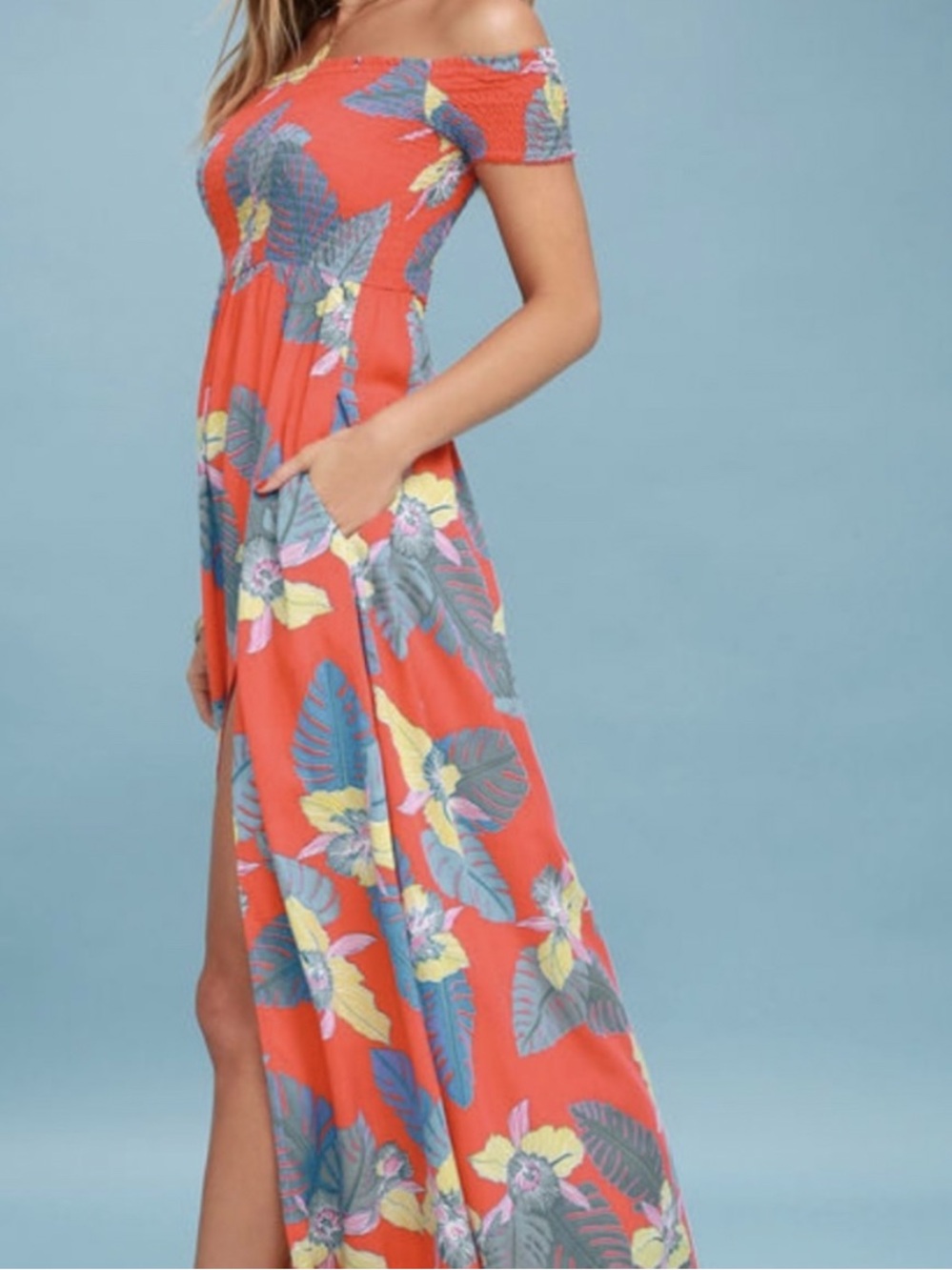 Lulus Patsy Coral Red Floral Print Off-the-Shoulder Dress size L